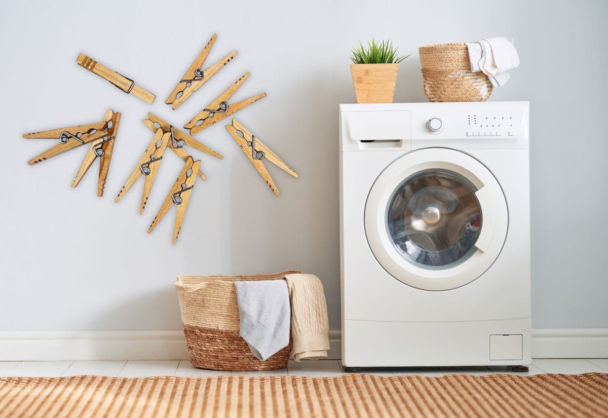 A laundry room with wooden clothespins.