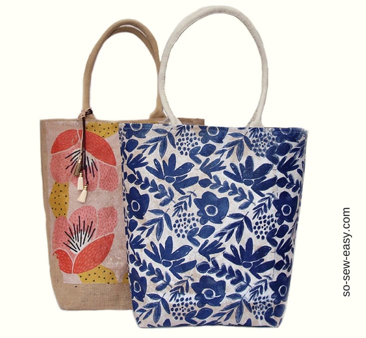 Two burlap totes - one is blue and white floral and the second is retro tropical flowers.