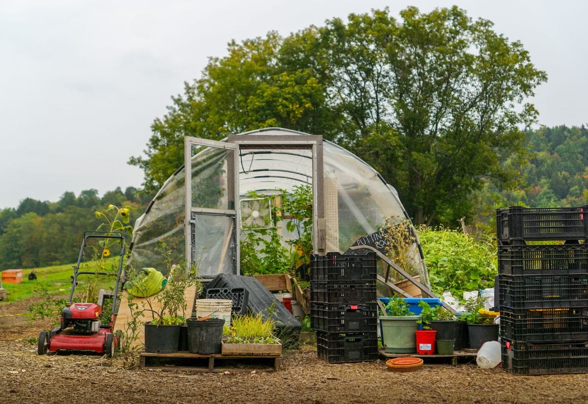 A greenhouse with gardening tools and supplies outside.