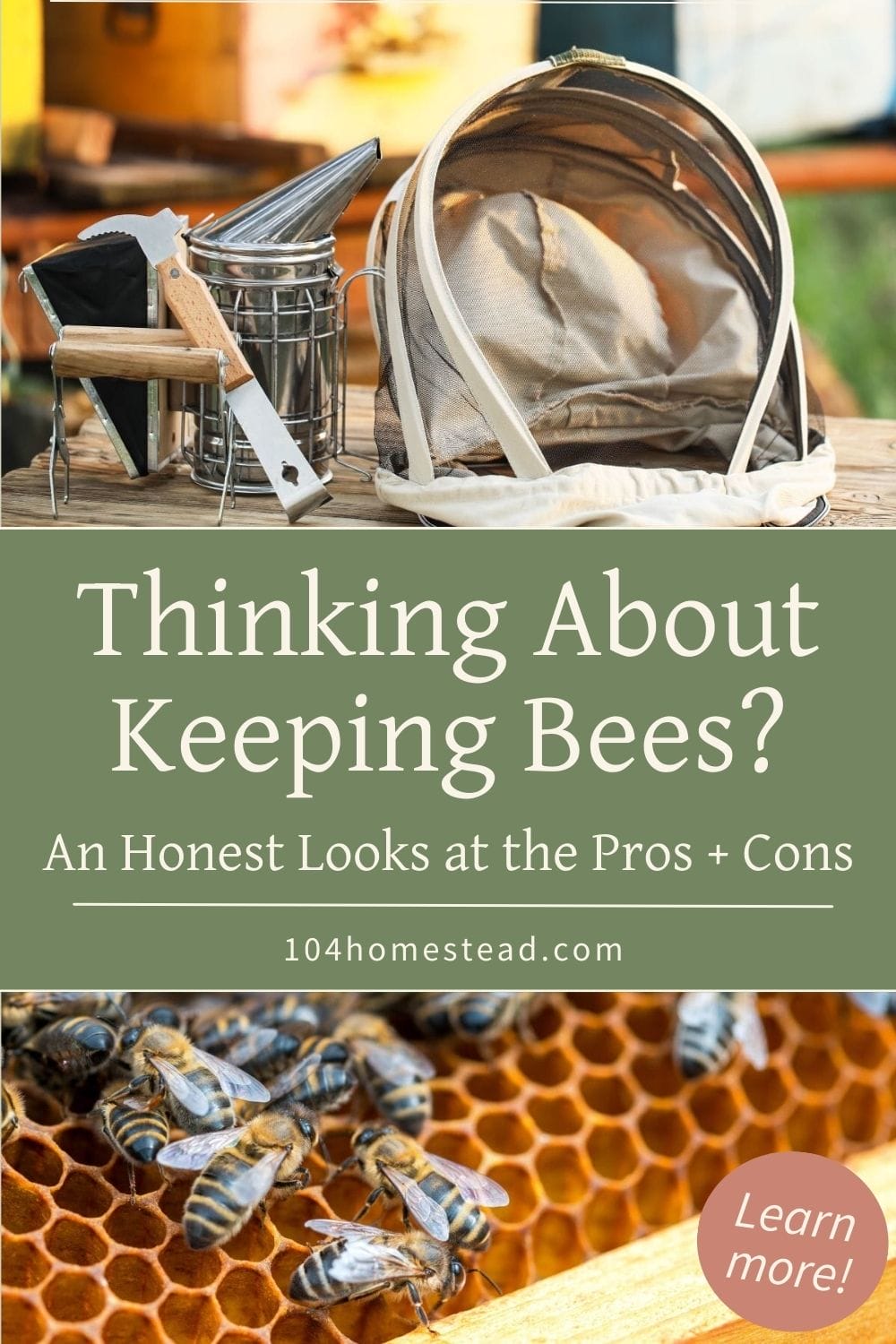 Pinterest graphic showing beekeeping tools and bees on honeycomb with text reading “Thinking About Keeping Bees? An Honest Look at the Pros and Cons”
