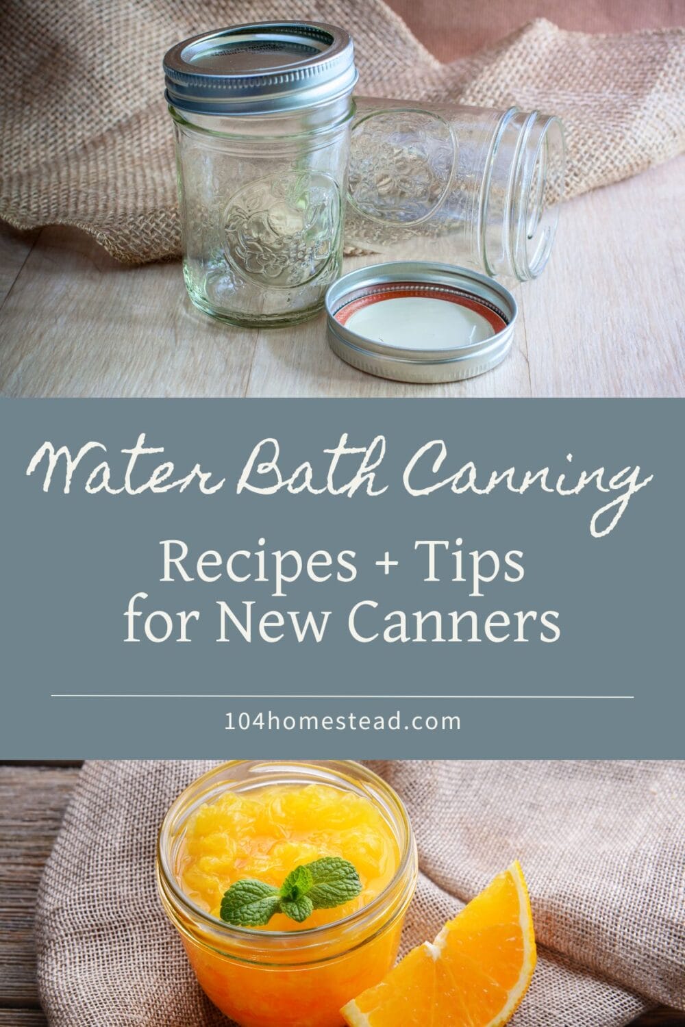 A Pinterest-friendly graphic for my post on how to water bath can foods and recipes to get you started.