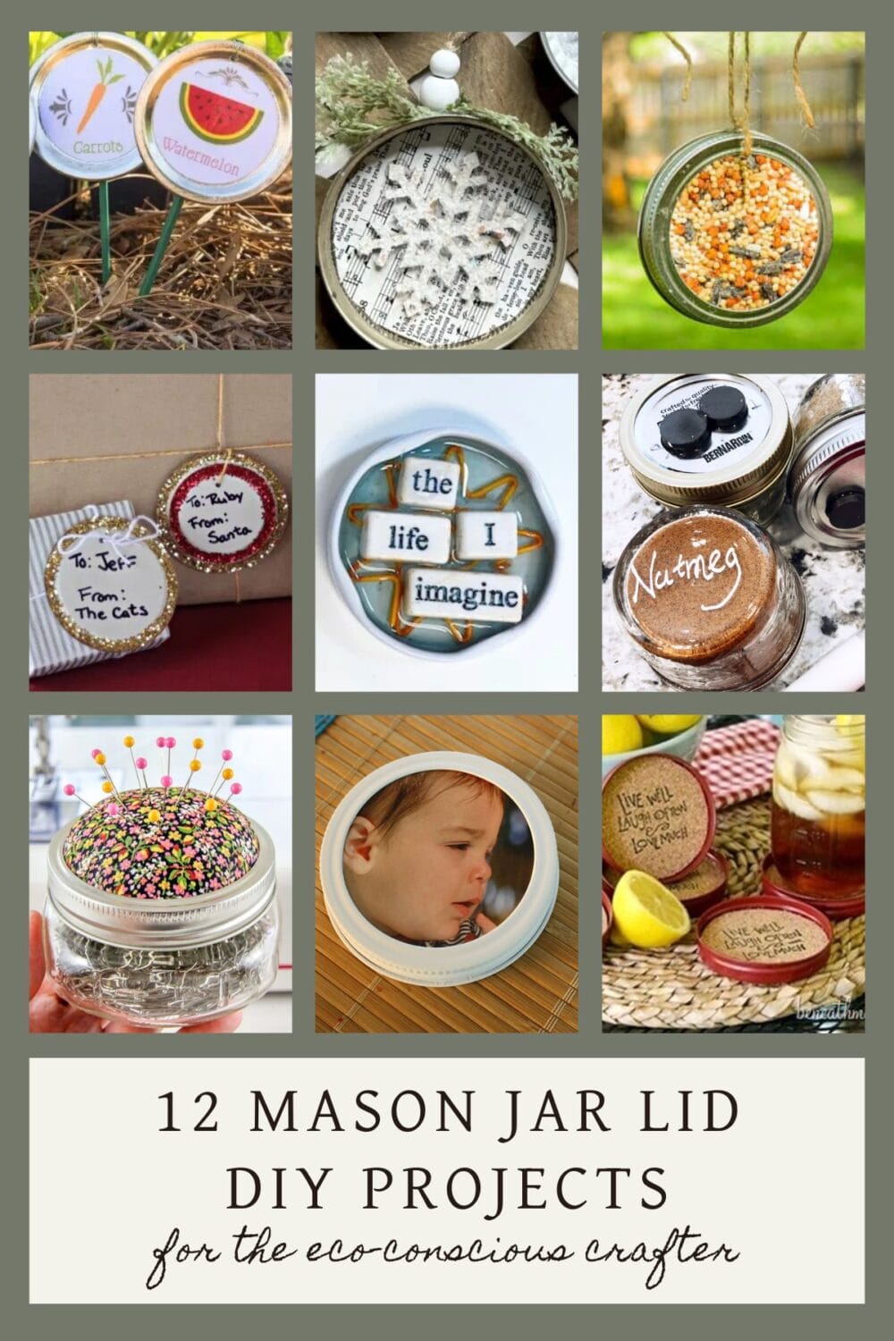 A Pinterest-friendly graphic for my roundup of mason jar lid upcycling crafts/