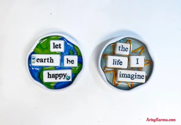 Resin magnets made from jar lids.