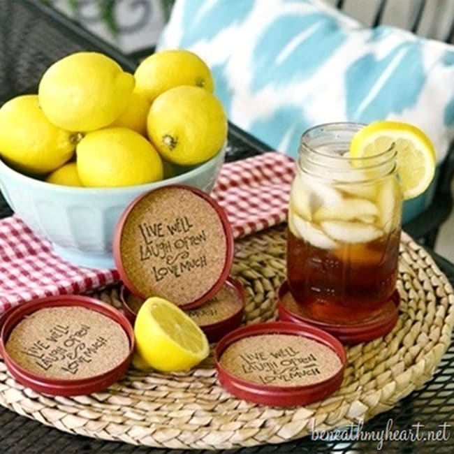 Coasters made from old mason jar lids and cork.