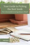 A cozy gardening setup with seed packets, peas, and a notebook for planning your next planting season.