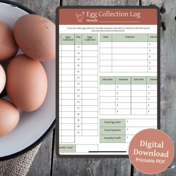 A printable egg collection log displayed on a tablet next to fresh eggs, showing tracking sections for daily egg count, sales, and expenses.