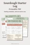 Printable sourdough starter log showing feeding schedules, ratios, and starter care tracking pages.