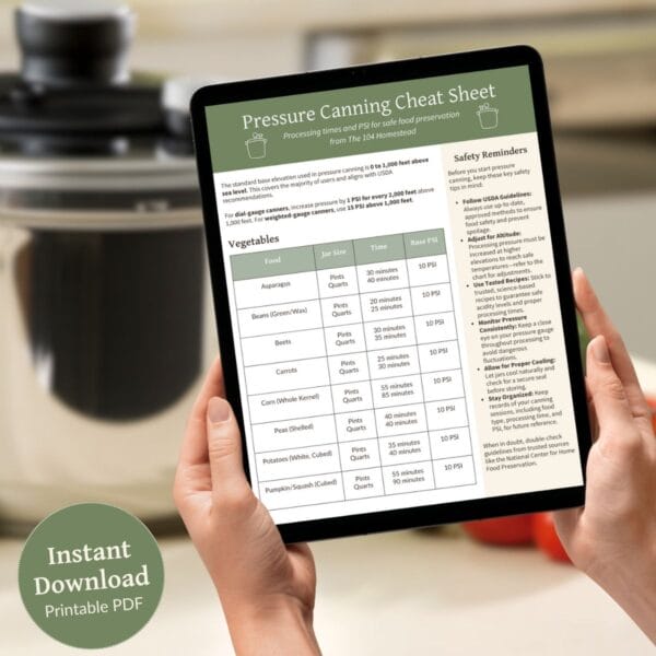 Pressure Canning Guide printable displayed on a tablet with an Instant Download badge. A kitchen pressure canner is in the background.