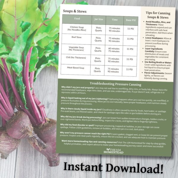 Pressure Canning Guide printable overlayed on a rustic wooden table with fresh beets, highlighting troubleshooting tips and safety reminders.