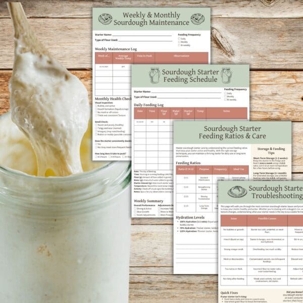 A set of printable sourdough care pages displayed with a bubbling starter in a jar and wooden background, showing feeding logs and troubleshooting tips.