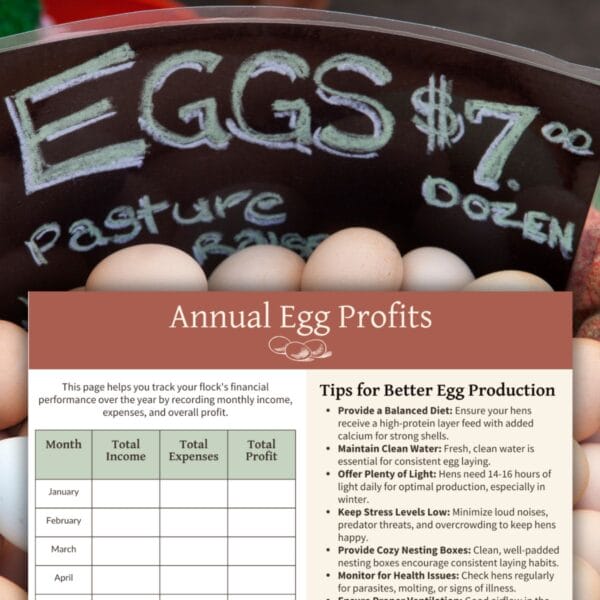 The Annual Egg Profits sheet placed next to a farm sign advertising pasture-raised eggs, emphasizing financial tracking for egg sales.