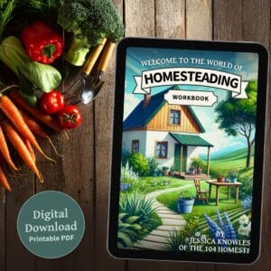 A tablet displaying the cover of the "Welcome to the World of Homesteading" workbook, surrounded by fresh vegetables such as carrots, bell peppers, and broccoli on a rustic wooden table. A circular badge reads "Digital Download Printable PDF."