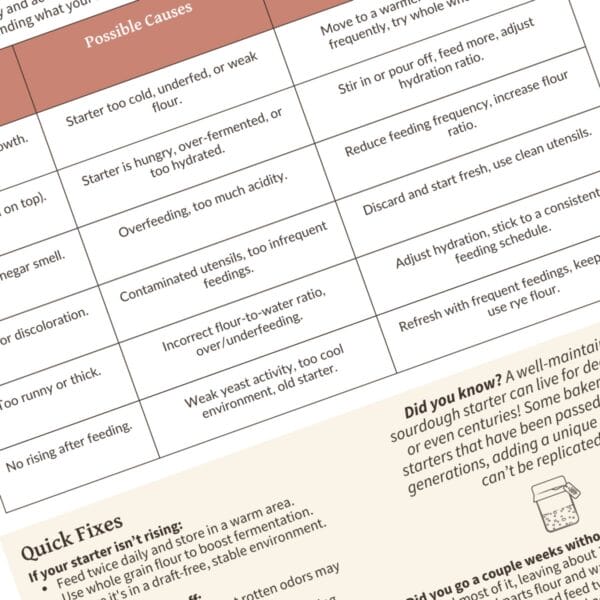 A close-up view of the troubleshooting chart with common sourdough starter issues and solutions.