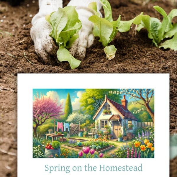 printed page from the "Welcome to the World of Homesteading" workbook titled "Spring on the Homestead," featuring an illustration of a cozy homestead with a garden, clothesline, and blooming flowers, set against a backdrop of soil and lettuce plants being tended by a gardener wearing gloves.