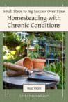 A collection of rustic gardening tools on a table, showing the importance of simple tools for homesteaders with health challenges.