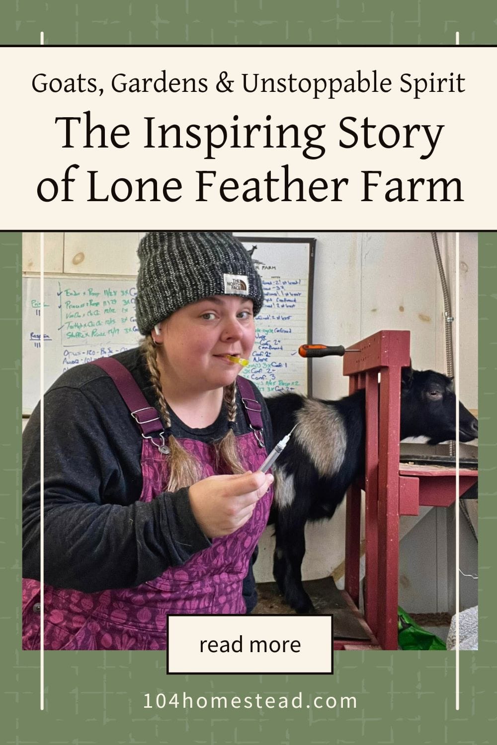 Carrissa, dressed in farm gear, preparing to administer a shot to a goat at Lone Feather Farm.