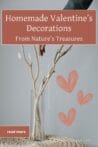 Hand arranging dried branches in a glass vase with hand-drawn hearts in the background for a nature-inspired Valentine’s Day decoration.