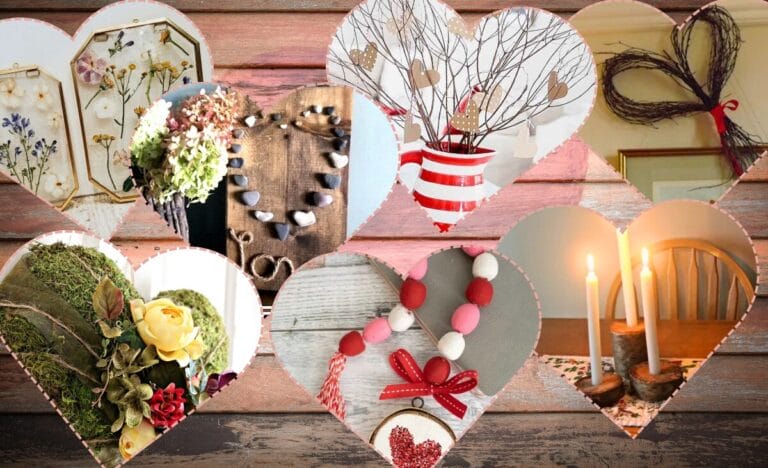 A collage of nature-inspired Valentine’s Day decorations, including pressed flowers, heart-shaped garlands, and rustic centerpieces.