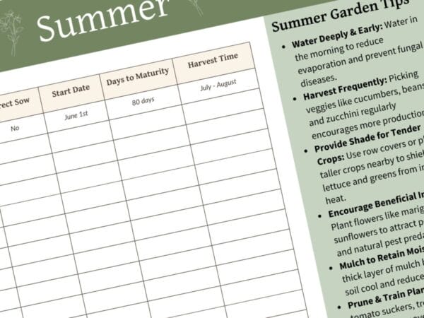 A zoomed-in view of the summer planting page, showing an organized table for tracking planting dates, days to maturity, and harvest windows, alongside seasonal garden tips.