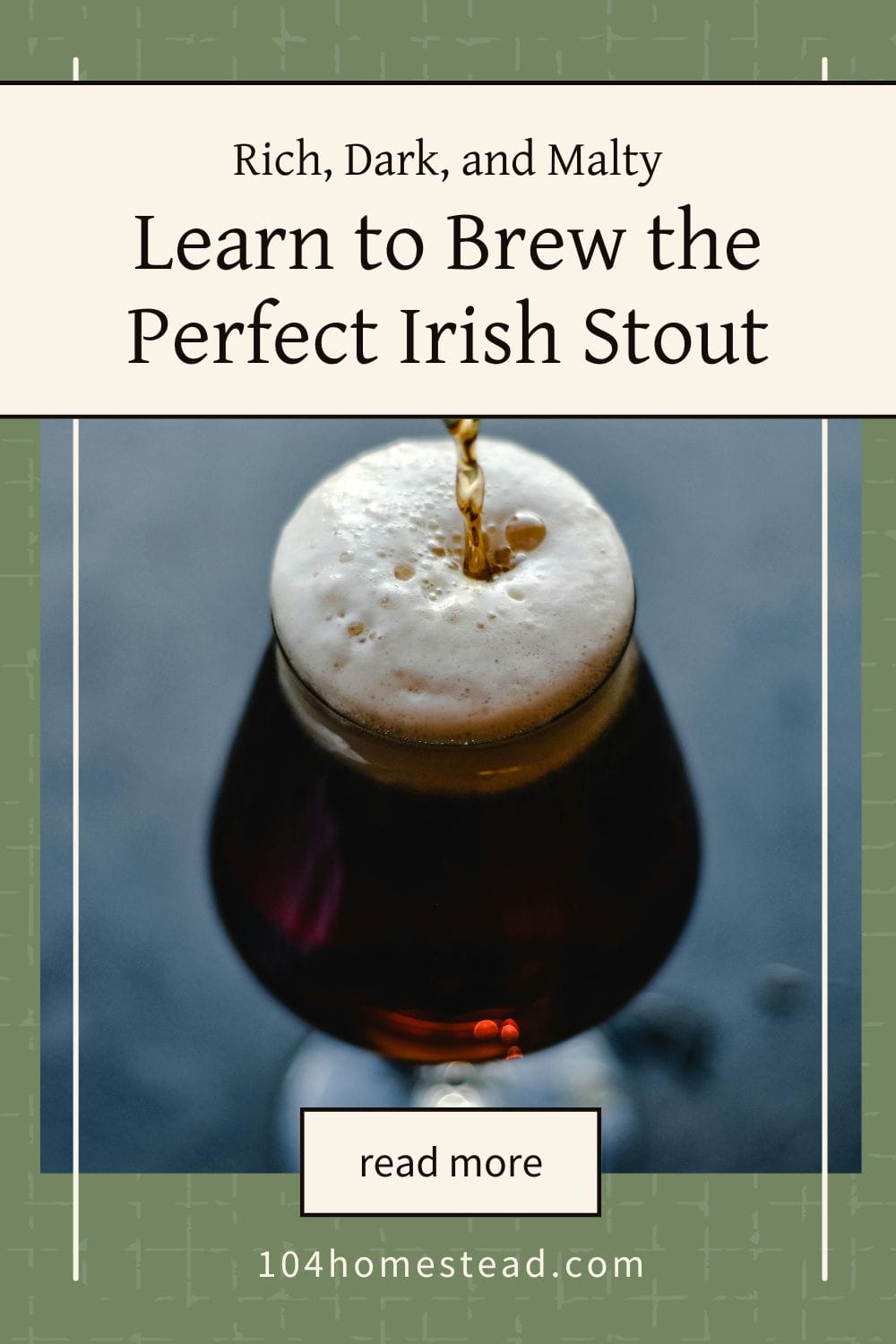 A deep, dark Irish stout being poured into a glass, forming a thick, creamy head.