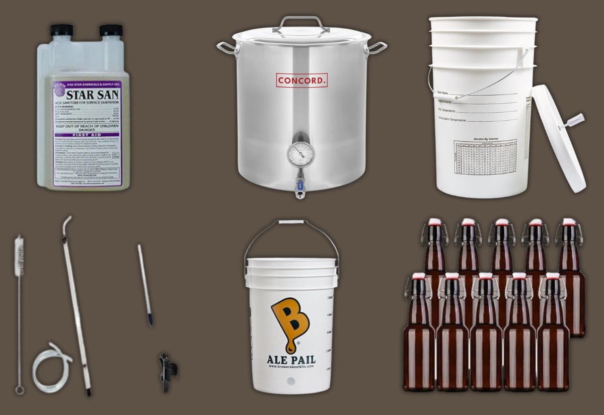 A flat lay of essential homebrewing equipment, including a fermenter, brewing kettle, sanitizer, and bottles.