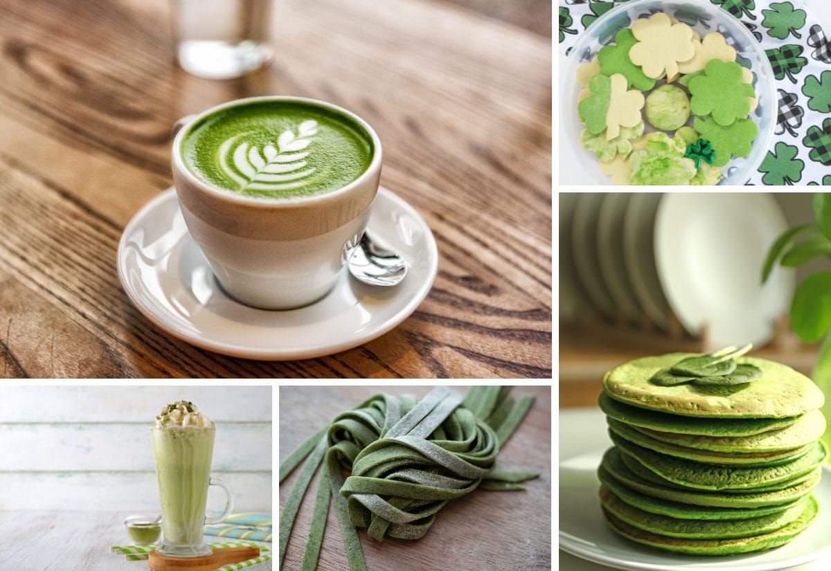 A collage of naturally green-colored foods, including a matcha latte, shamrock cookies, matcha pancakes, green pasta, and a green milkshake.