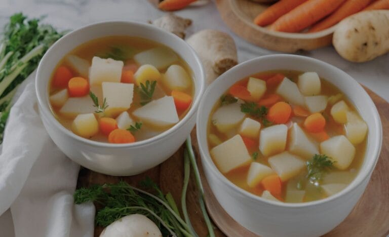 Two bowls of homemade Irish farmhouse soup filled with root vegetables, garnished with fresh herbs, and served on a rustic wooden table.