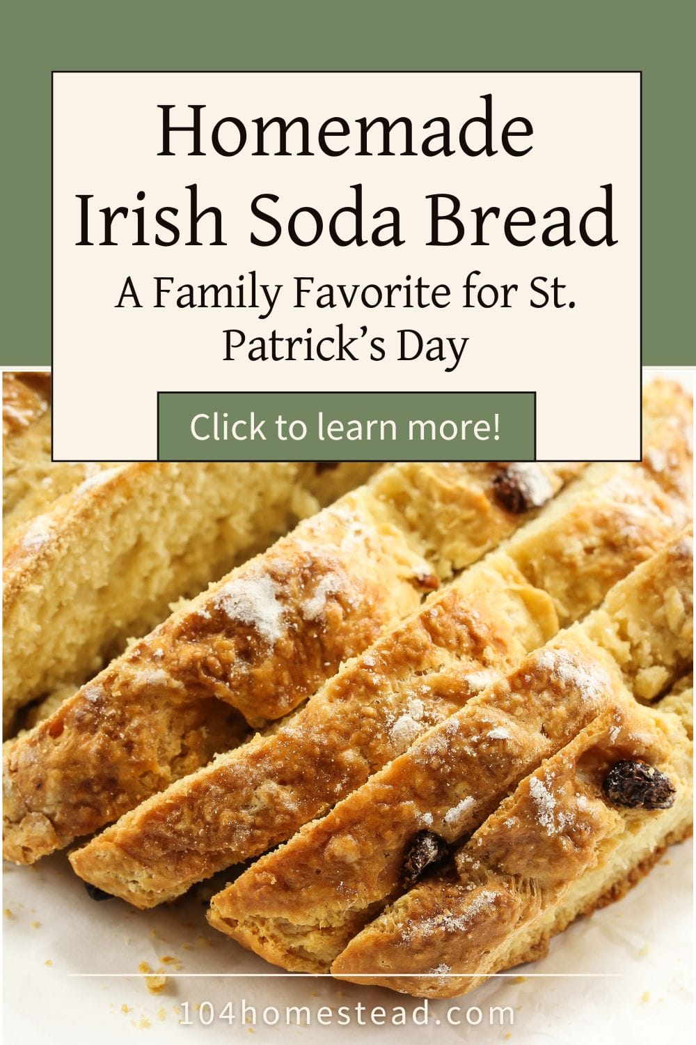 Close-up of sliced Irish soda bread with a golden crust and raisins, perfect for a homemade St. Patrick’s Day treat.