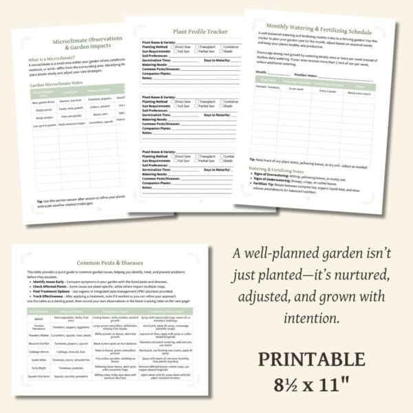 A close-up look at planner pages, including the microclimate observations section, plant profile tracker, and watering schedule. Text on the side highlights the planner’s features, such as tracking planting, watering, and harvesting in one place.