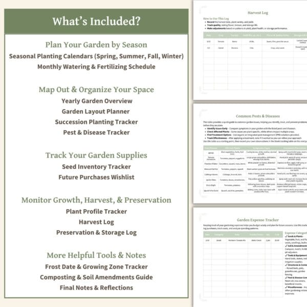 A detailed breakdown of what’s included in the printable garden planner, listing sections like seasonal planting calendars, garden layout tools, seed inventory trackers, and harvest logs. Small preview images show sample planner pages.