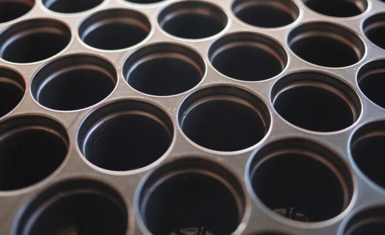 Close-up of a clean, empty seed starting tray with multiple planting cells, ready for use.