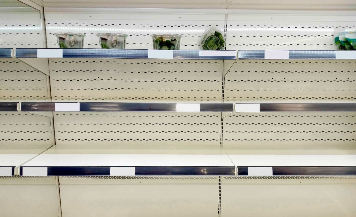 Empty grocery store shelves with only a few remaining items, illustrating food shortages and the importance of food security.