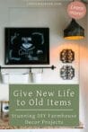 A farmhouse-style kitchen corner with a vintage chalkboard, metal wall art, and rustic lighting, highlighting creative upcycled home decor.