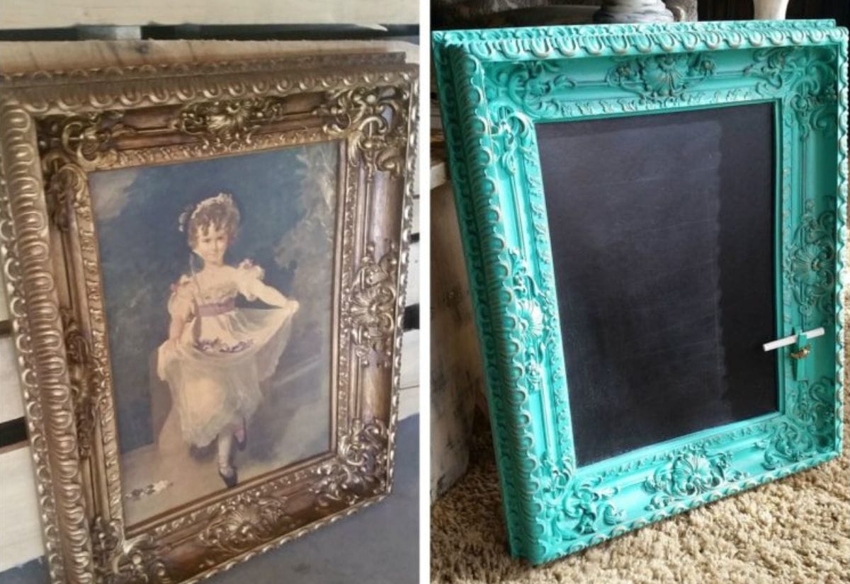 A side-by-side before-and-after of a vintage ornate gold frame, upcycled into a vibrant turquoise chalkboard, blending farmhouse and shabby chic styles.