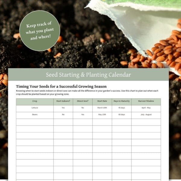 A digital printable titled "Seed Starting & Planting Calendar" displayed over a background of soil and scattered seeds. The chart includes columns for crop name, start date, and harvest window. A circular text overlay reads, "Keep track of what you plant and where!"