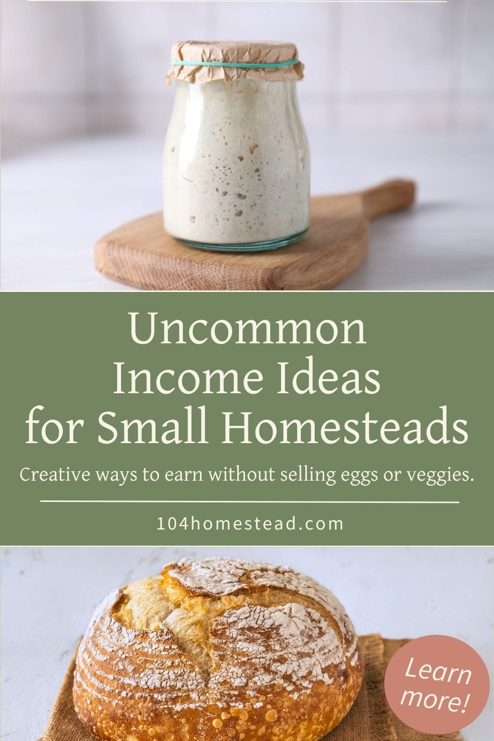A bubbly jar of sourdough starter on a wooden board, paired with a rustic loaf of bread below, highlighting alternative homestead income streams.