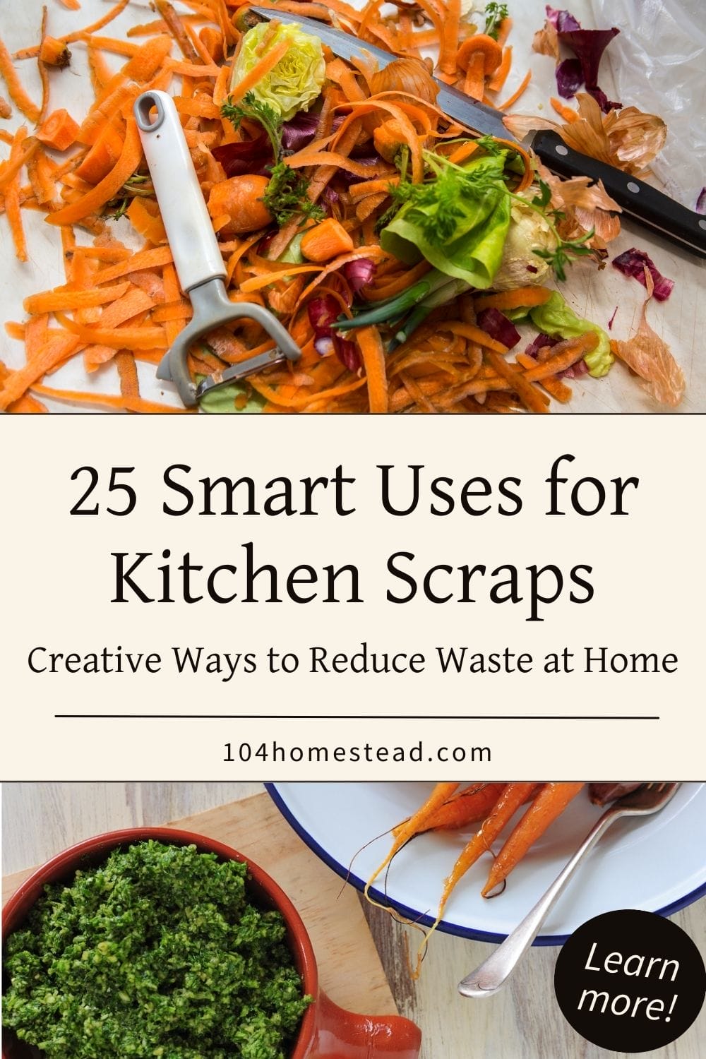A messy pile of vegetable peels, onion skins, and carrot tops on a cutting board next to a peeler and kitchen knife.