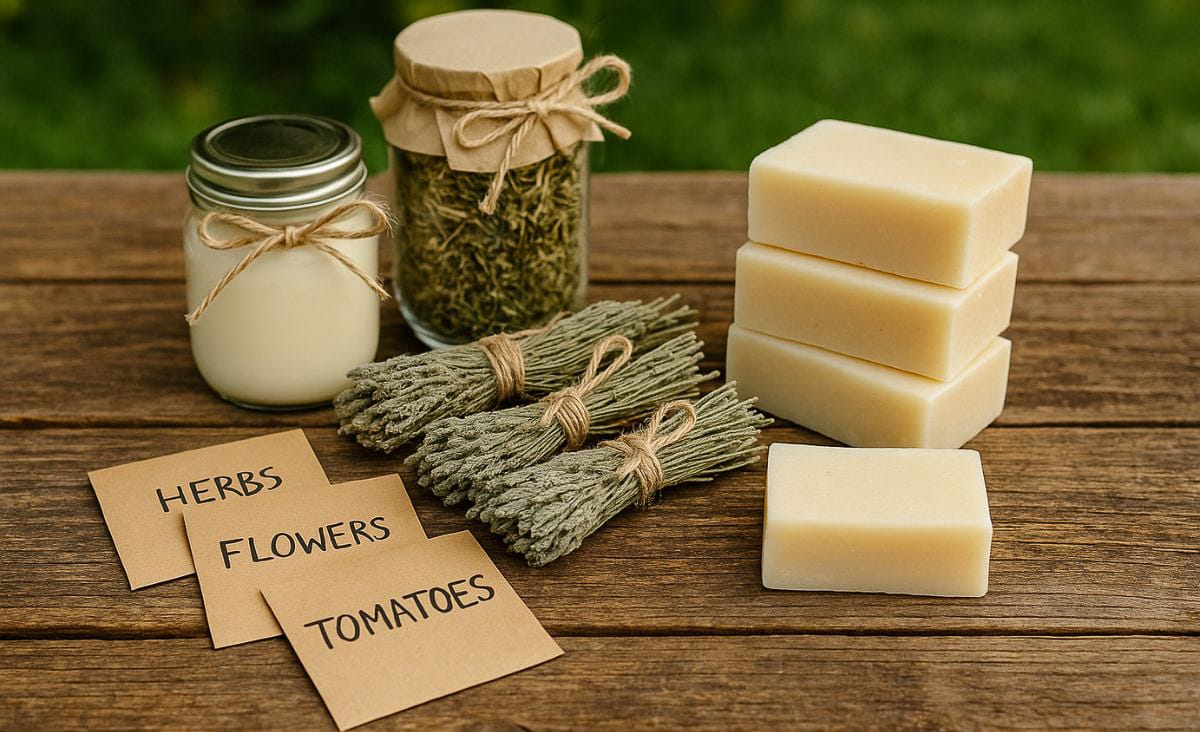 Homemade goat milk soap, dried herbs, and seed packets displayed on a rustic wooden table.
