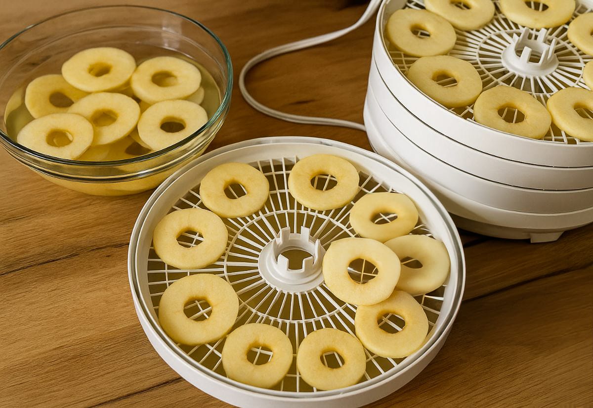 Cored apple rings arranged neatly on a dehydrator tray, with a glass bowl of soaking apple slices in the background.