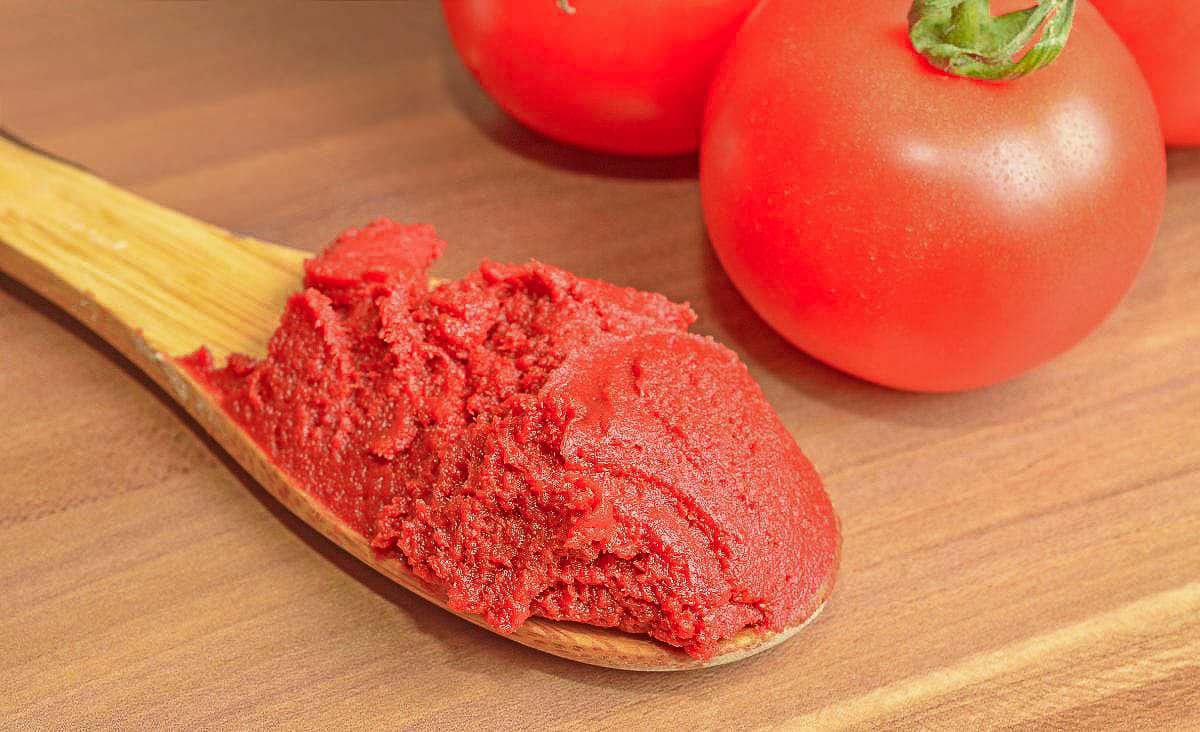Close-up of homemade tomato paste on a wooden spoon with fresh tomatoes in the background, highlighting the vibrant red color and rich texture.