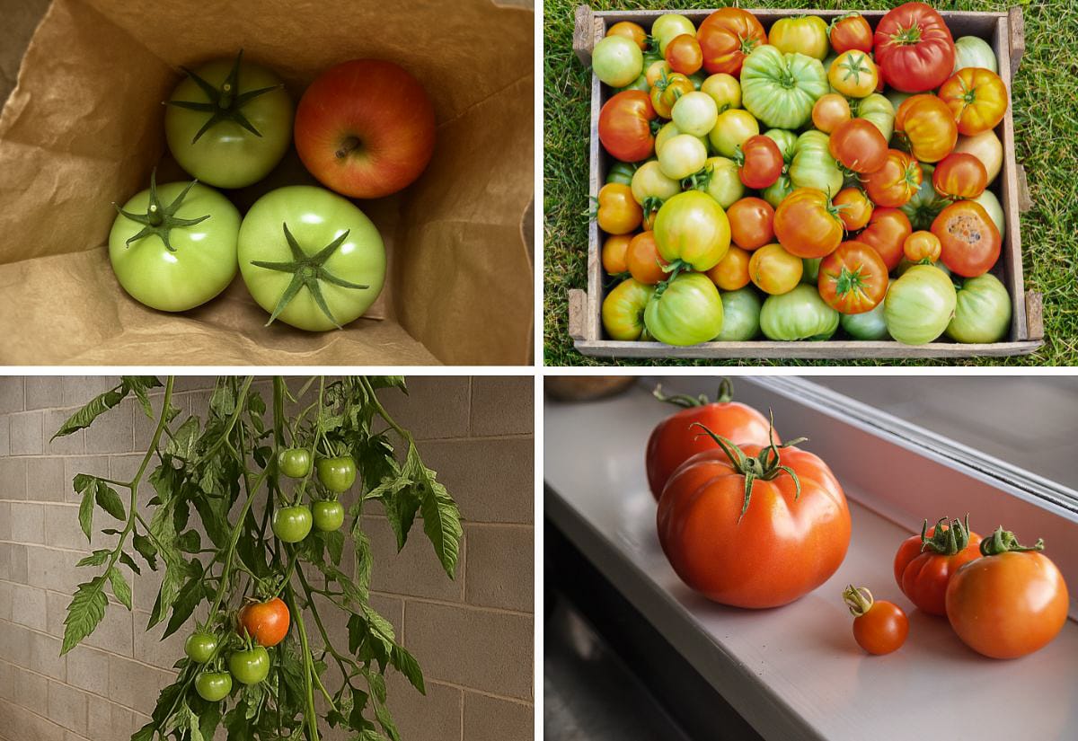 Four-photo collage showing how to ripen green tomatoes indoors: tucked in a paper bag with an apple, stored in a crate, hung upside down on the vine, and lined up on a sunny windowsill.