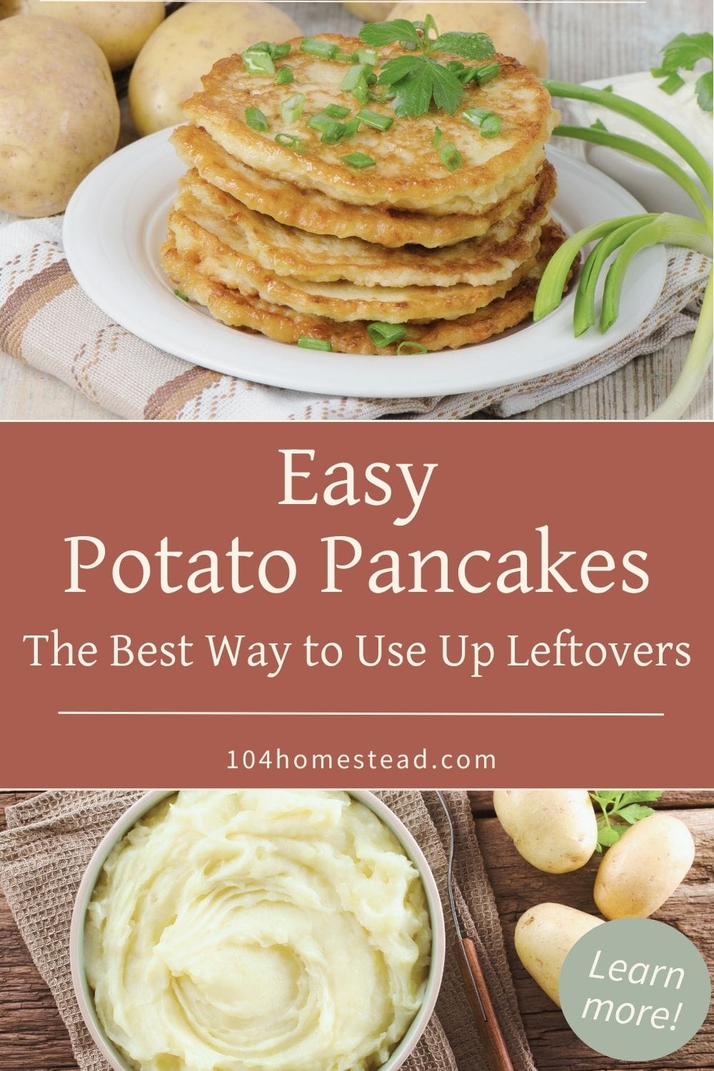Pinterest graphic showing crispy leftover mashed potato pancakes stacked on a plate, with text overlay reading “Easy Potato Pancakes – The Best Way to Use Up Leftovers.”