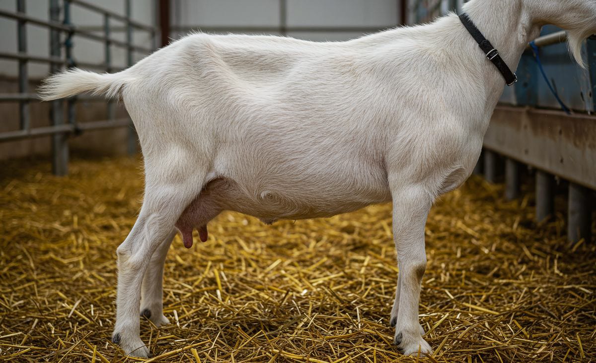 Side view of a dairy goat in a barn pen showing her udder before being dried off.