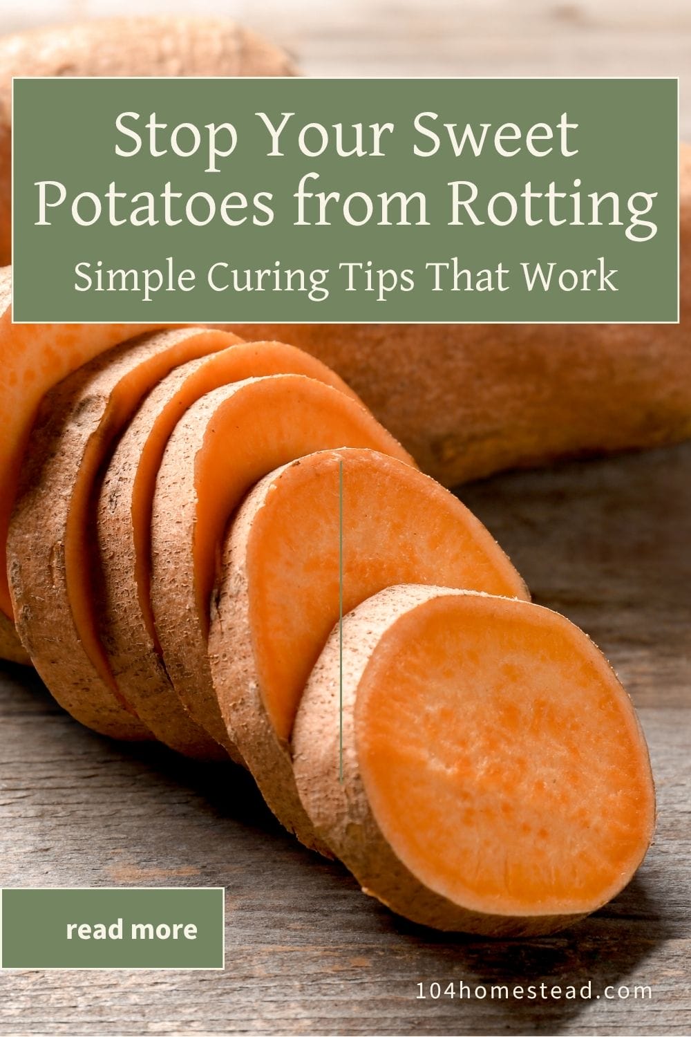 Fresh sweet potatoes sliced into rounds on a rustic wooden table, showing bright orange flesh and rough skin texture, representing the curing and storage topic.