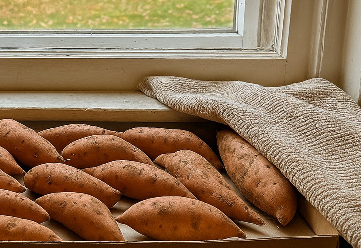Sweet potatoes curing on a kitchen windowsill, laid on cardboard with a beige towel partially covering them, soft daylight highlighting their texture.