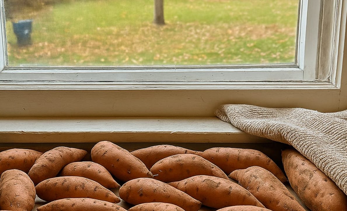 Freshly harvested sweet potatoes curing on a kitchen windowsill, arranged in a single layer on cardboard with a beige towel partly covering them, natural daylight coming through the window and autumn scenery visible outside.