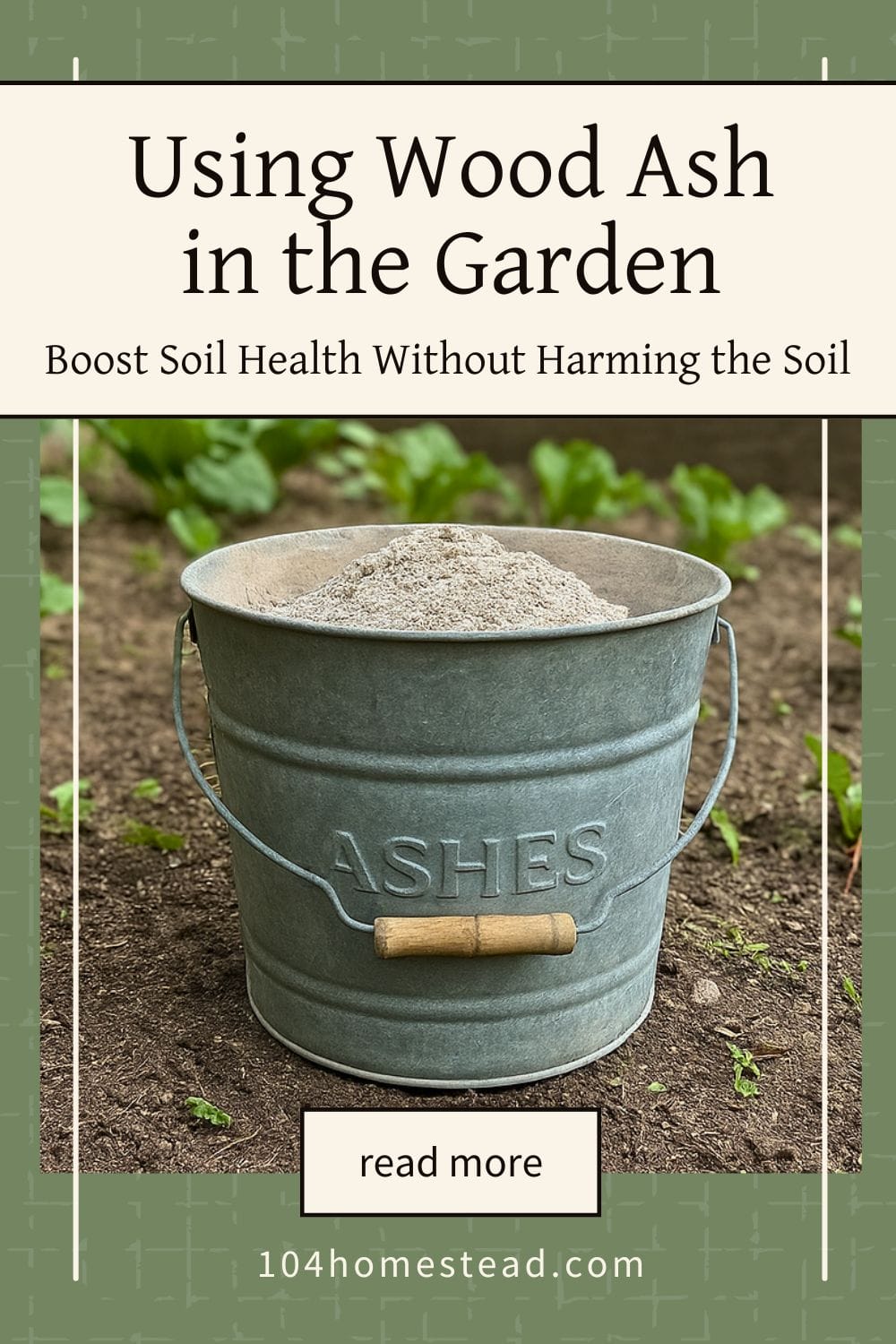 Pinterest graphic showing a galvanized ash bucket full of wood ash sitting in a vegetable garden, with the text “Using Wood Ash in the Garden – Boost Soil Health Without Harming the Soil.”