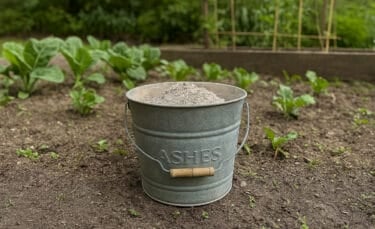 A galvanized bucket labeled “Ashes” filled with gray wood ash, sitting in a vegetable garden with young leafy greens in the background.
