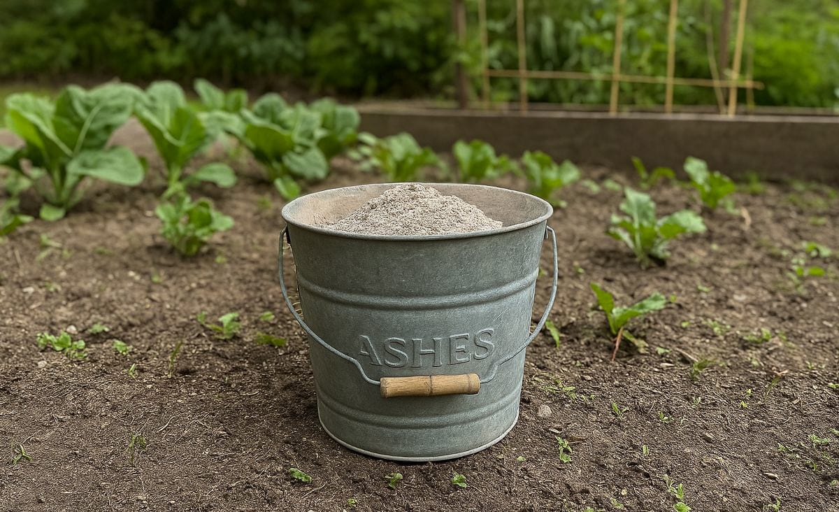 A galvanized bucket labeled “Ashes” filled with gray wood ash, sitting in a vegetable garden with young leafy greens in the background.