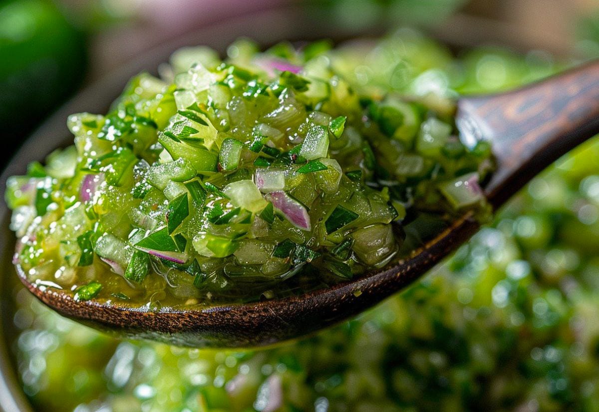 A spoonful of homemade green tomato salsa filled with diced onions, cilantro, and peppers, glistening with fresh, tangy flavor.